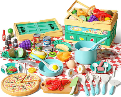 130Pcs Kitchen Playset, Toddler Pretend Cooking Play Pots, Pans, Utensils Cookware, Daily Food Fruit Veges, Shopping Storage Basket, Dessert, Prop Money, Learning Gift for Child (Pink)