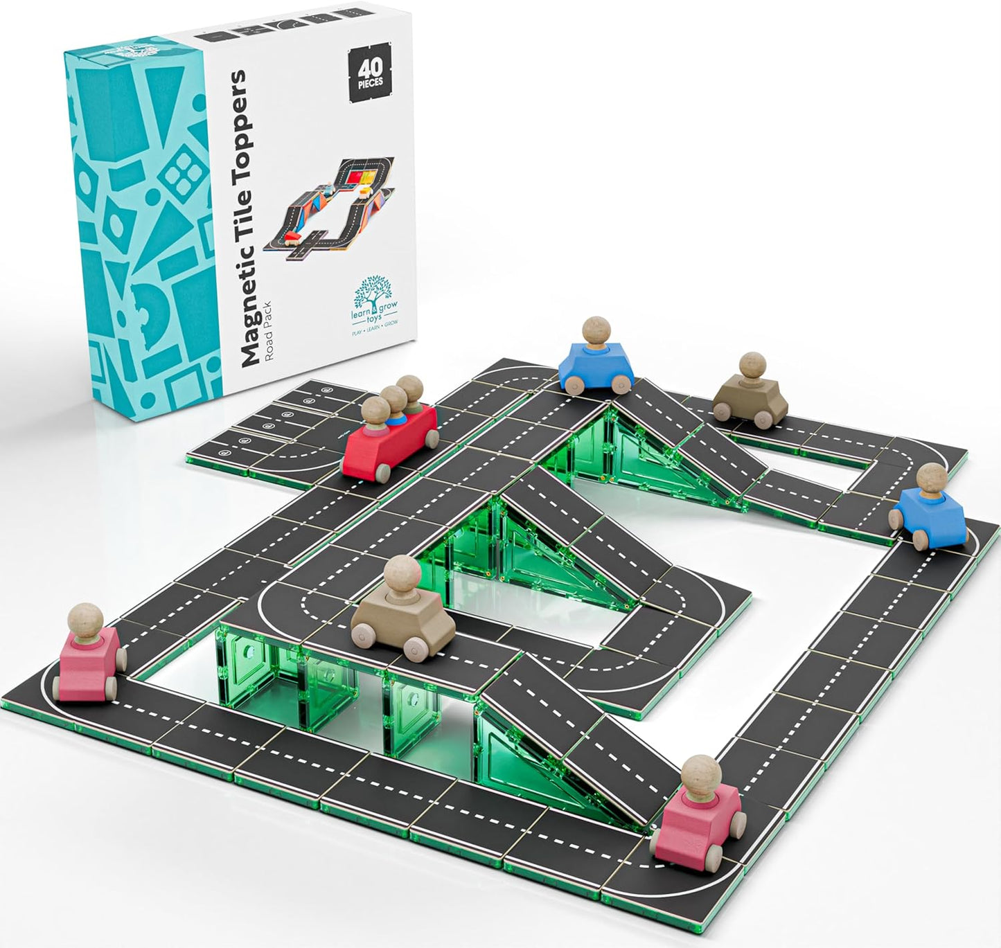 Learn & Grow Magnetic Tiles Road Expansion Pack - 40PCs Road Toppers Set for Cars, STEM Learning & Building Toy - Magnetic Tile Accessories for Kids 3+, Toddler - Add Car Roads to Any Magnet Tiles Set