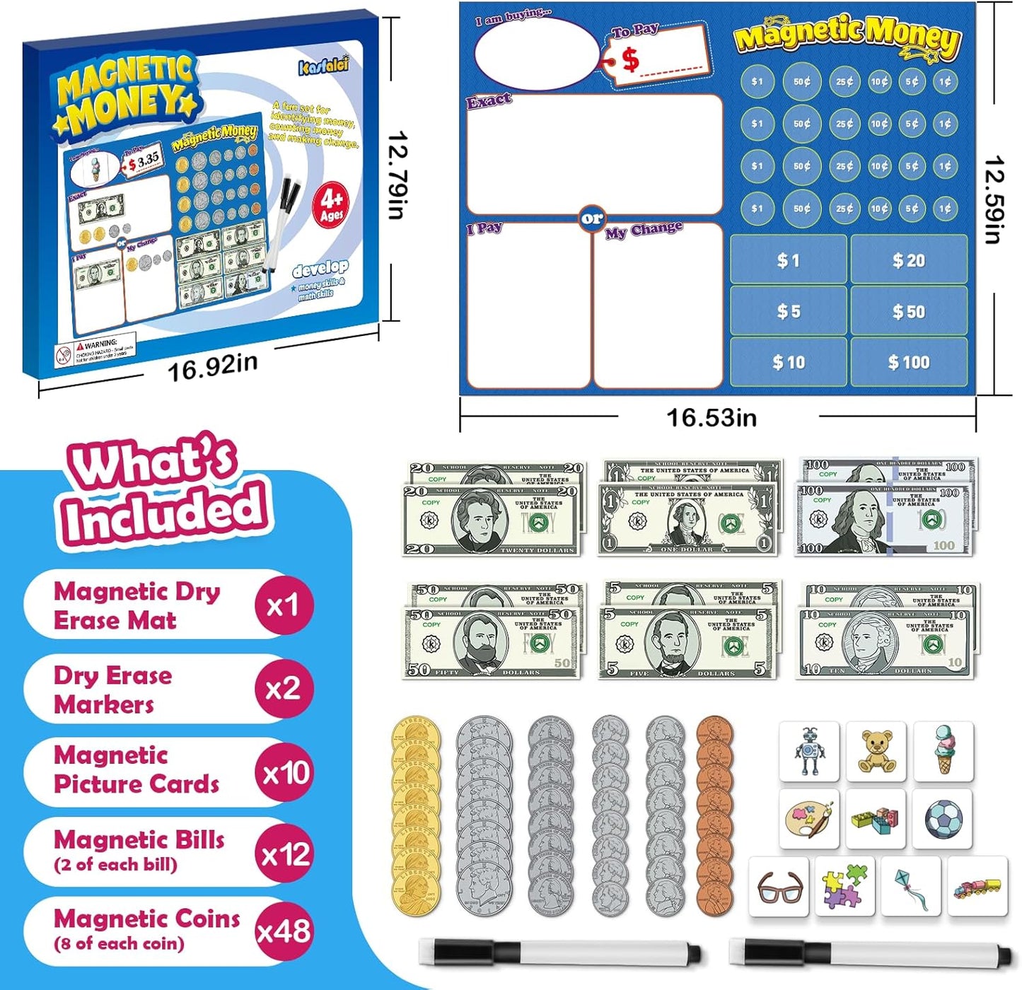 Kasfalci 60 PCS Magnetic Money for Kids for Learning, Math Manipulatives, Learning & Education Toys for Classroom, Pretend Play, Math Games for Toddler, Teacher and Homeschool Supplies