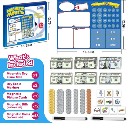 Kasfalci 60 PCS Magnetic Money for Kids for Learning, Math Manipulatives, Learning & Education Toys for Classroom, Pretend Play, Math Games for Toddler, Teacher and Homeschool Supplies