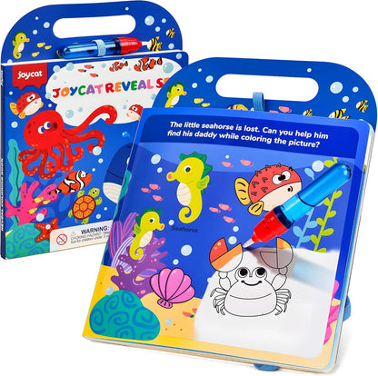JoyCat Ocean Water Coloring Book for Toddlers 3-5, Reusable No-Mess Water Painting Book with Water Pen, 13 Activity Pages, Travel Toy Gift for Boys & Girls