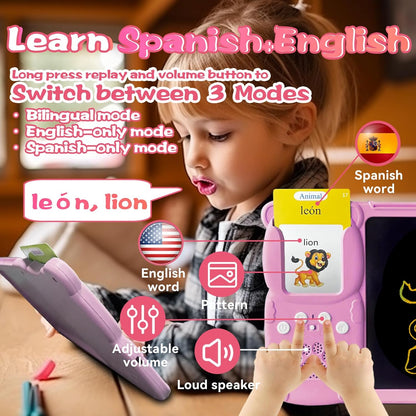 Talking English & Spanish Flash Cards - 8" LCD Writing Tablet for Kids 3-12, Bilingual 510 Sight Words, Toddler Pocket Speech, Drawing Sketch Pad, Autism Toys for Boys (Spanish, Blue)