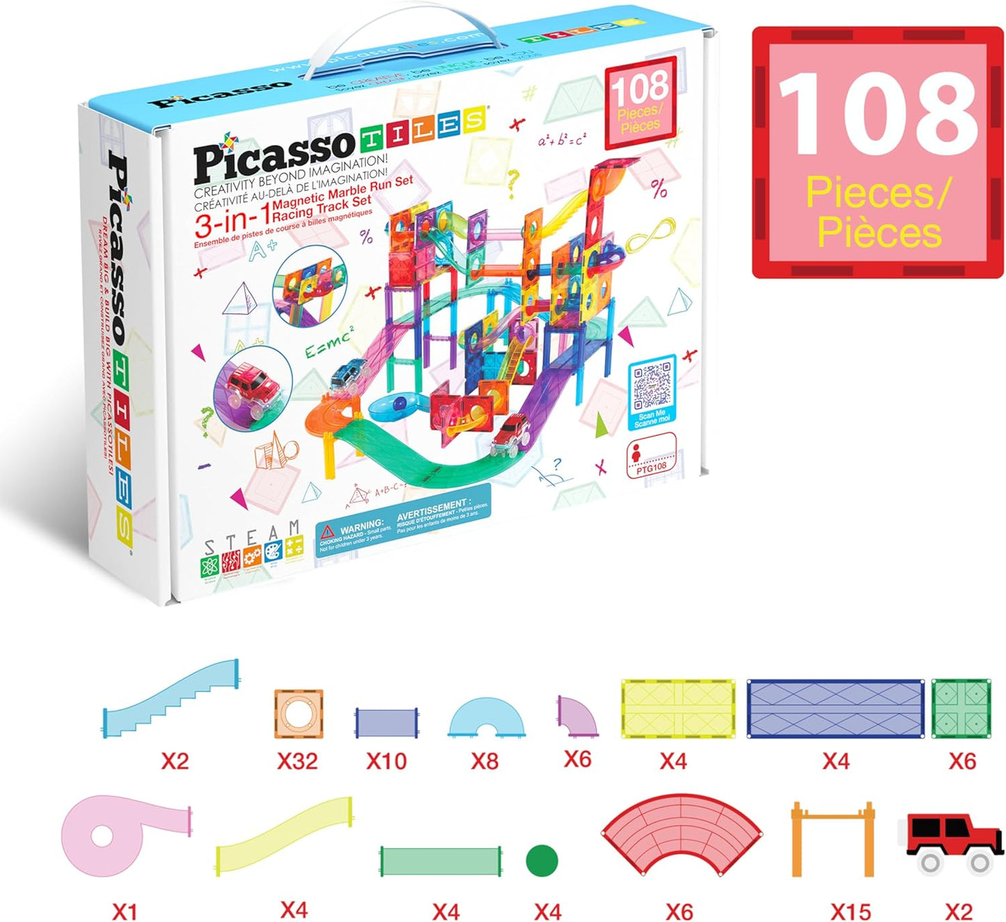 PicassoTiles 108pc Magnetic Marble Run Set with Building Tiles Race Track Car Slides Set STEM Learning Toy 3-in-1 Preschool Construction Kit for Indoor Activity and Development for Kids age 3+ PTG108