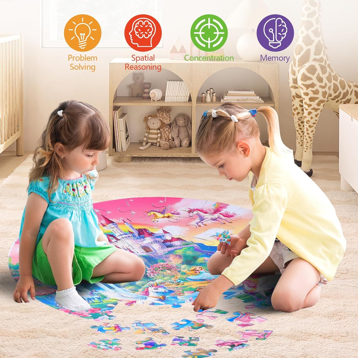 Civaner 70 Pieces Floor Puzzles Round Large Puzzles for Kids Ages 3-5 5-8 Jumbo Jigsaw Puzzle Educational Gifts for Toddlers Girls Boys Baby Shower Holiday Birthday(Unicorn)