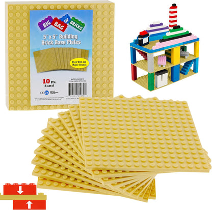Classic Baseplates for Building Bricks - Set of 10 Sand 5"x5" Building Plates- Dual Connectivity, Build on Both Sides- Compatible, Tight Fit w Major Brands- Creative STEM Toy & Kids Bday Gift (Sand)
