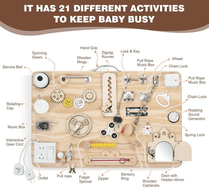 Pithfor Wooden Montessori Busy Board for Toddlers, Montessori Sensory Activity Board Toys for Baby Kids, for Fine Motor Skills, Autism & ADHD