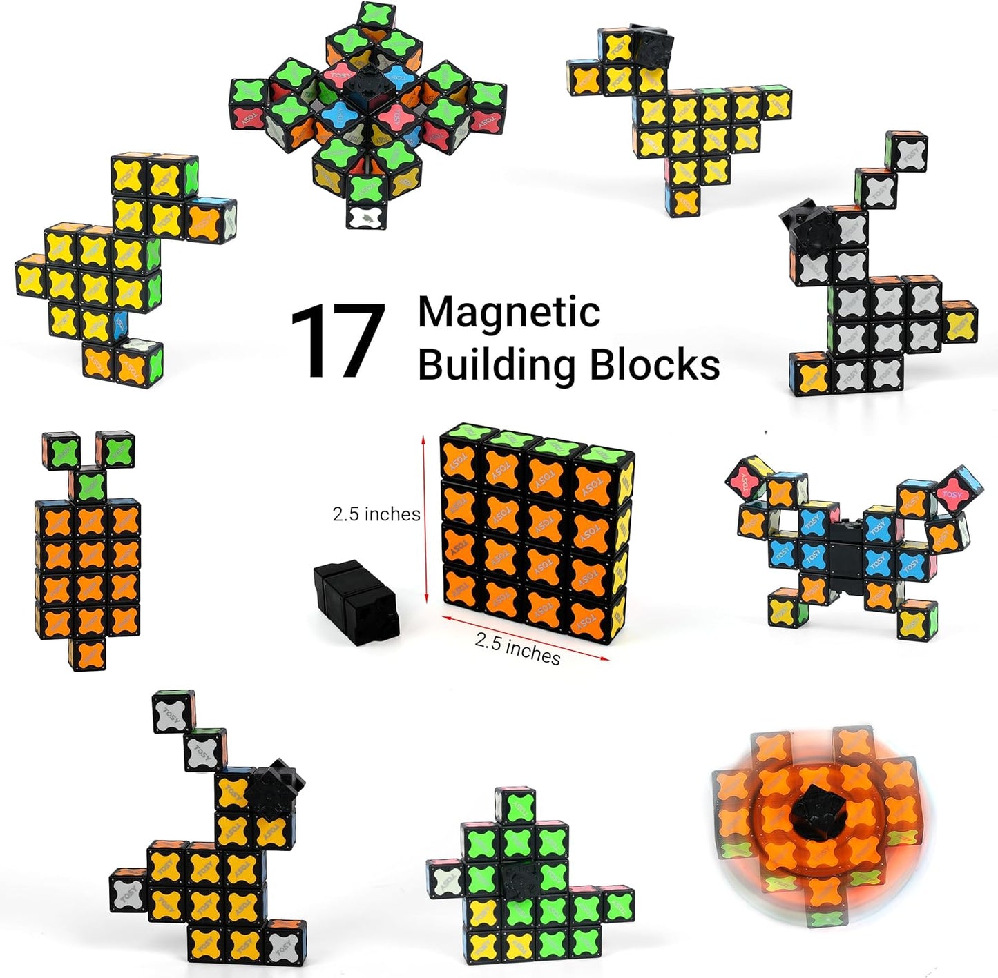TOSY Magnet Fidget Spinner Mini - 8 Blocks, 3 in 1 Toy: Transformable Fidget Spinner, Infinity Cube, 2x2 Puzzle Cube, Easter Basket Stuffers for Kids/Adults, STEM Sensory Stress Relief Toy