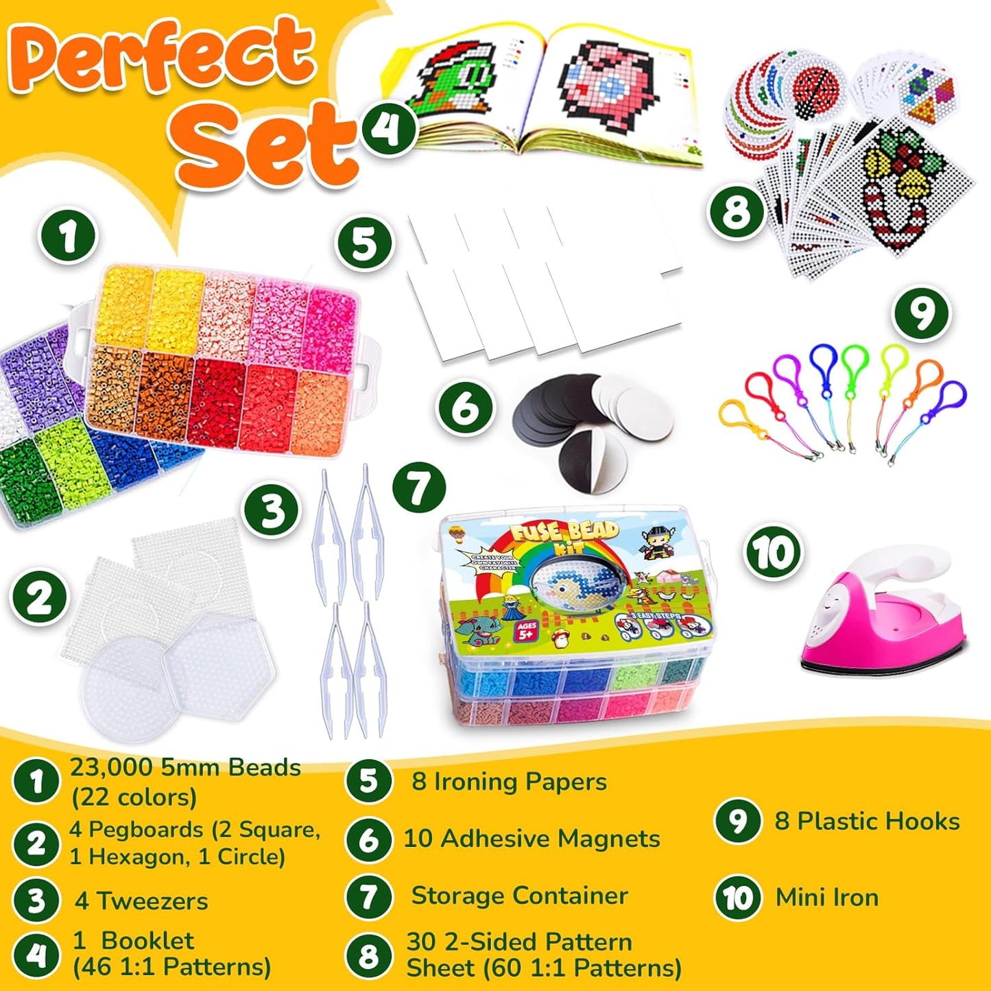 Goody King Board Fuse Beads Iron Set - Fuse Bead Kit for Kids Crafts with Bead Pegboard and Aqua Pony Beads, Pixel Art and Craft Kit (Large Set with Iron)