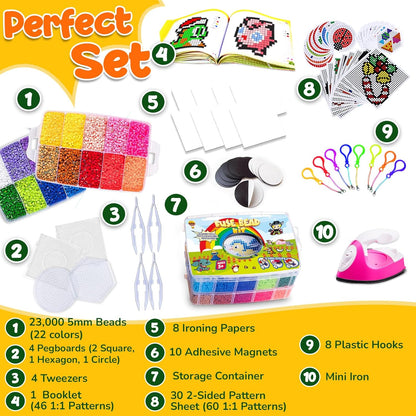 Goody King Board Fuse Beads Iron Set - Fuse Bead Kit for Kids Crafts with Bead Pegboard and Aqua Pony Beads, Pixel Art and Craft Kit (Large Set with Iron)