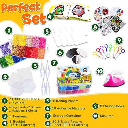 Goody King Board Fuse Beads Iron Set - Fuse Bead Kit for Kids Crafts with Bead Pegboard and Aqua Pony Beads, Pixel Art and Craft Kit (Large Set with Iron)