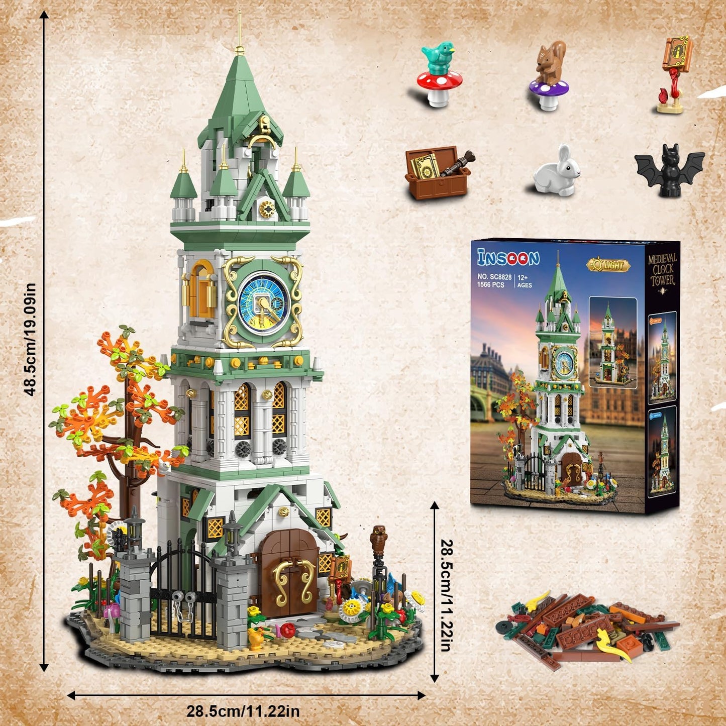 INSOON Magic Clock Tower Building Set with Light, 1566 PCS Big Medieval Castle House Construction Model with Owl & Garden, Home Decor Building Block Kit, Gift for Mothers Adults Teens Boys Girls 12+