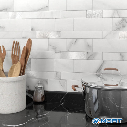 MOFIT Backsplash Tile for Kitchen Peel and Stick Stone Matte Finish,Bathroom Tiles Stickers 3D Wall Panel Linear Mosaic Marble Backsplash Waterproof(5sheets,Blue Green Gray)