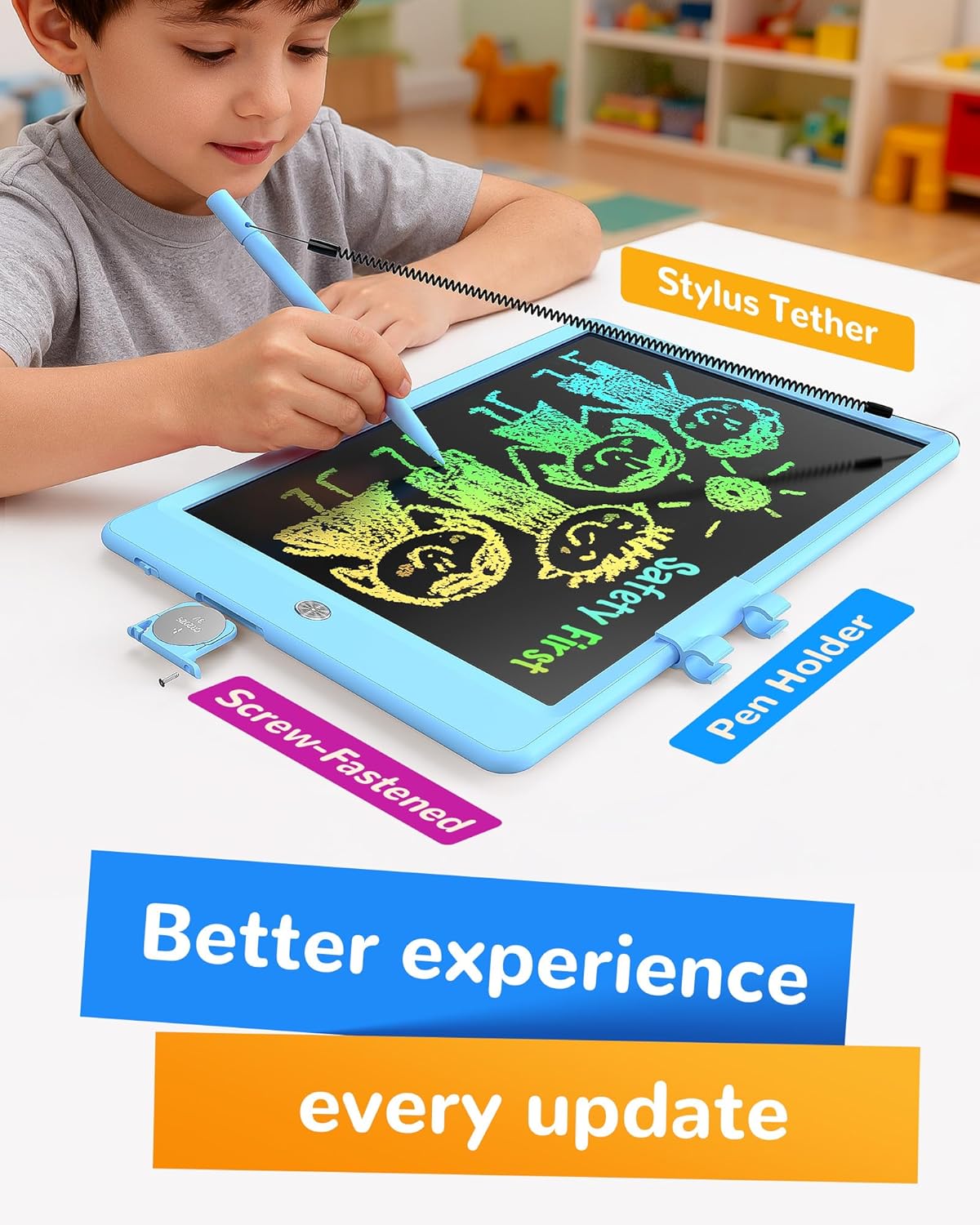 KOKODI LCD Writing Tablet, 12 Inch Colorful Toddler Doodle Board Drawing Tablet, Erasable Reusable Electronic Drawing Pads, Educational and Learning Toy for 3-6 Years Old Boy and Girls(Blue)
