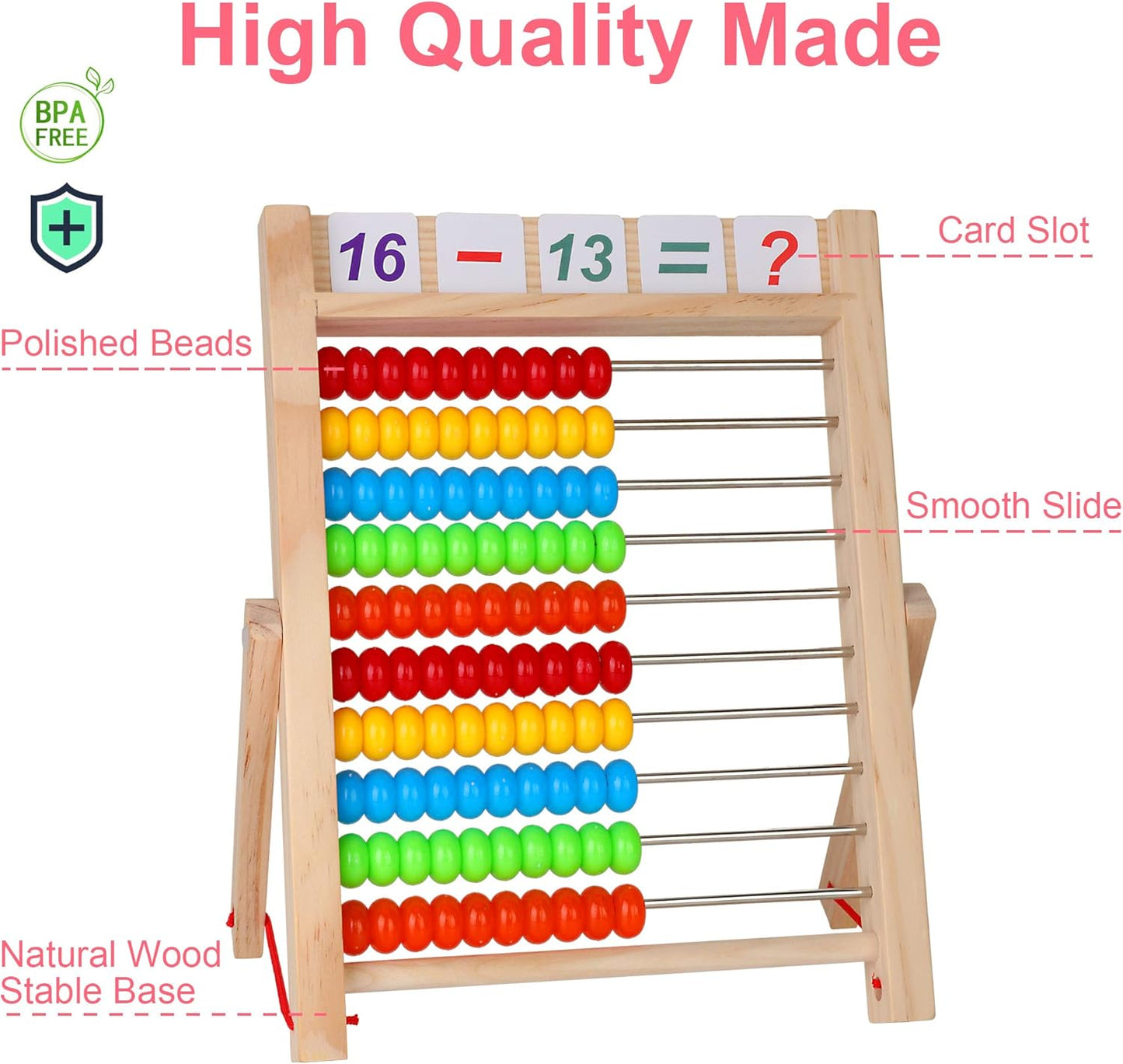 KIDWILL Preschool Math Learning Toy,10-Row Wooden Frame Abacus with Multi-Color Beads, Counting Sticks, Number Alphabet Cards, Gift for 2 3 4 5 6 Years Old Toddlers Boys Girls