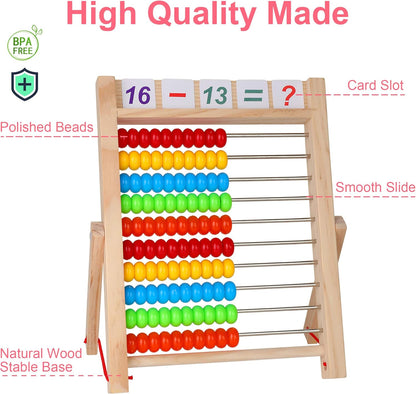 KIDWILL Preschool Math Learning Toy,10-Row Wooden Frame Abacus with Multi-Color Beads, Counting Sticks, Number Alphabet Cards, Gift for 2 3 4 5 6 Years Old Toddlers Boys Girls