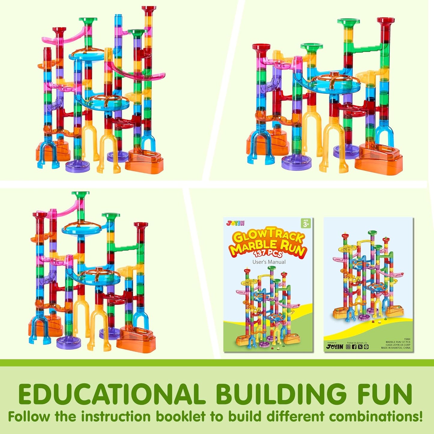 JOYIN 137Pcs Glowing Marble Run - Construction Building Blocks Toys with 15 Glow in The Dark Plastic Marbles, STEM Toy Presents for Boys and Girls, Birthday Gifts, Easter Basket Stuffers