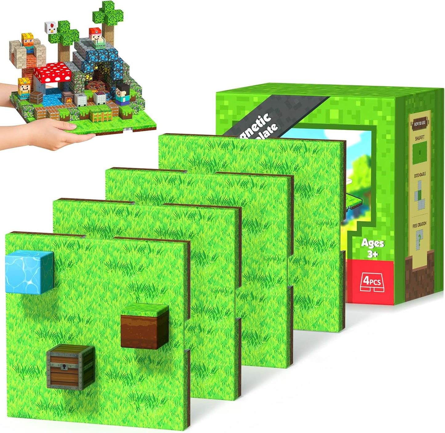 Annexfun Magnetic Blocks Base Plate,4PCS Magnetic Cubes Base-Plate for Magnetic Building Blocks Placing(4" x 4")，STEM Toys for Kids 3-10 Years Old,Perfect for Home Classroom Birthday Gifts