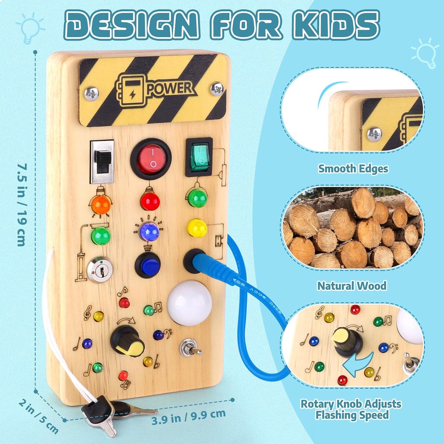 Konijiwa Busy Board Montessori Toys for 1 Year Old Kids Activity Board with 8 LED Light Switch Toy Sensory Learning Wooden Toy Suitable for 1 2 3 4 Year Old Boys and Girls