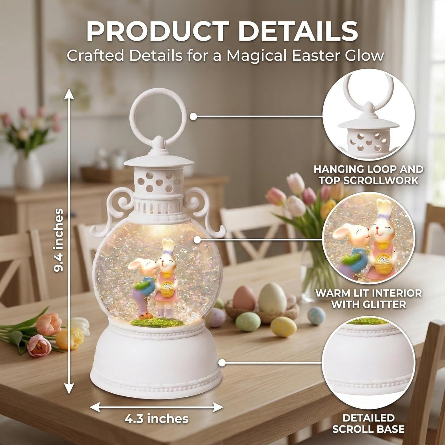 Easter Snow Globe Lantern, 9.4" Bunny Couple Lighted Snow Lantern with 6-Hour Timer, Battery or USB Powered, Spring Easter Decorations for Home, Easter Bunny Gift & Blue Easter Decor