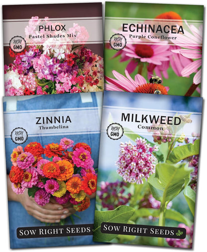 Sow Right Seeds - Butterfly Seed Collection for Planting - Milkweed, Zinnias, Phlox, and Echinacea - Seed Kit for Pollinators - Non-GMO Heirloom with Instructions to Plant & Grow - Makes a Great Gift