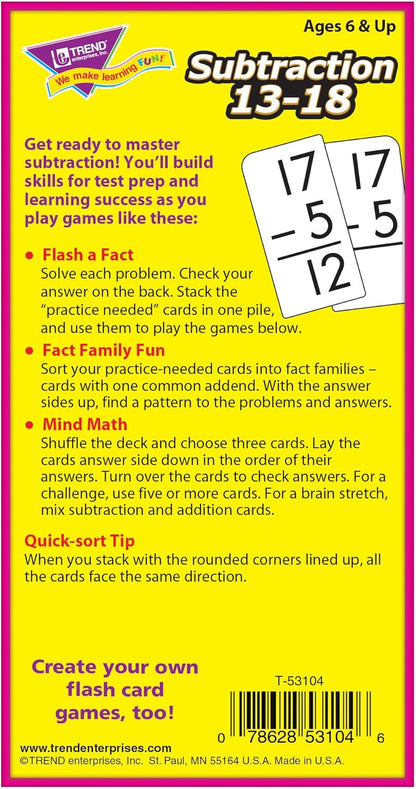 Trend Enterprises: Subtraction 13-18 Skill Drill Flash Cards, Exciting Way for Everyone to Learn, Self-Checking Design, Great for Skill Building and Test Prep, 99 Cards Included, Ages 6 and Up