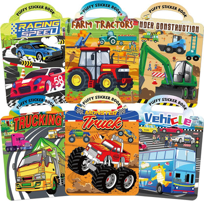 Elfew 2 Pack Puffy Sticker Books for Kids Ages 3-5, Construction Truck and Vehicle Car Stickers for Toddlers Boys, 3D Reusable Stickers Books for Toddlers, Activity Book for Boys Party