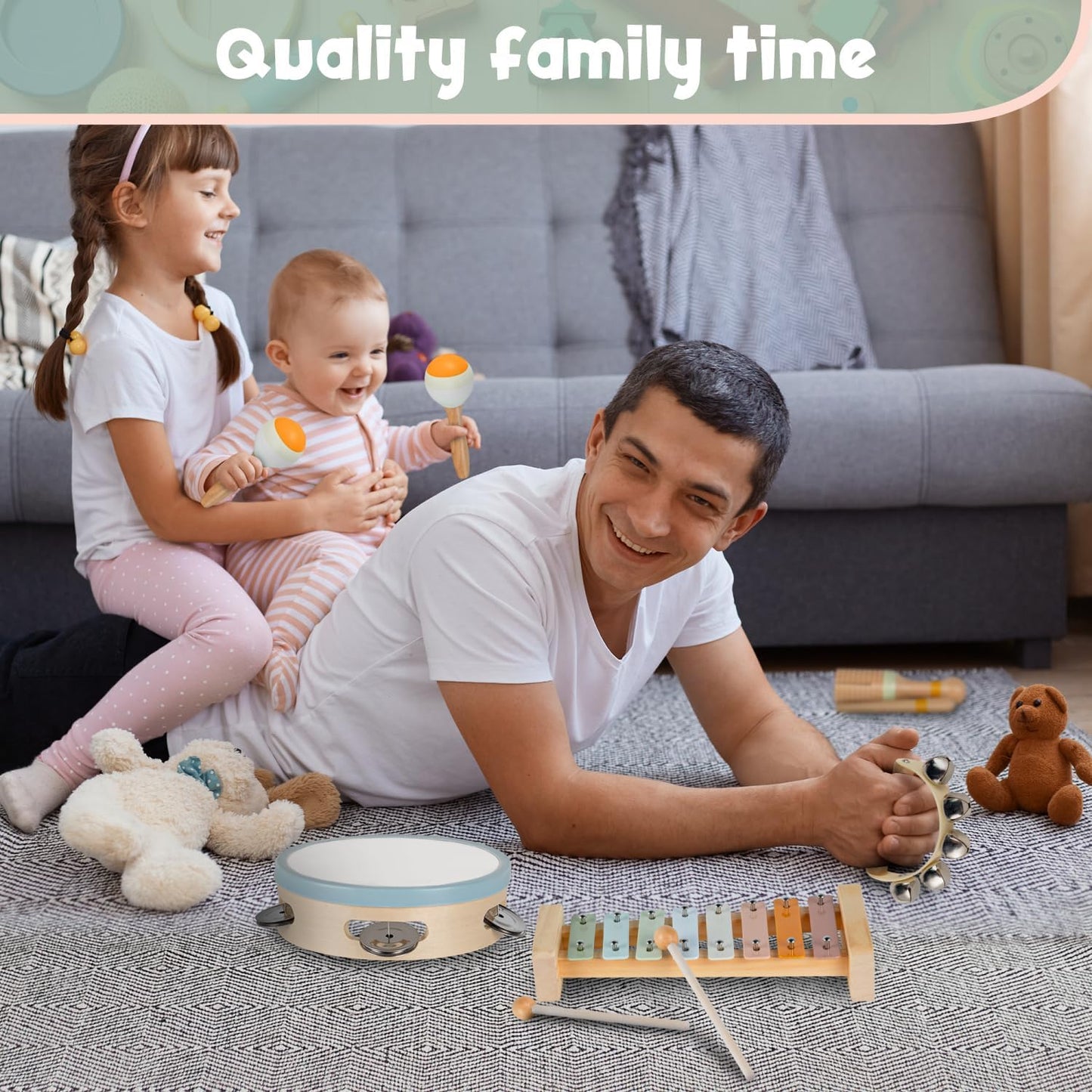 Stoie's Wooden Toddler Musical Instruments with Drum, Hand Bells, Flute, Maracas, Castanet, Tamburine, for Babies and Kids, Eco Friendly Montessori Educational Toy