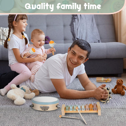 Stoie's Wooden Toddler Musical Instruments with Drum, Hand Bells, Flute, Maracas, Castanet, Tamburine, for Babies and Kids, Eco Friendly Montessori Educational Toy