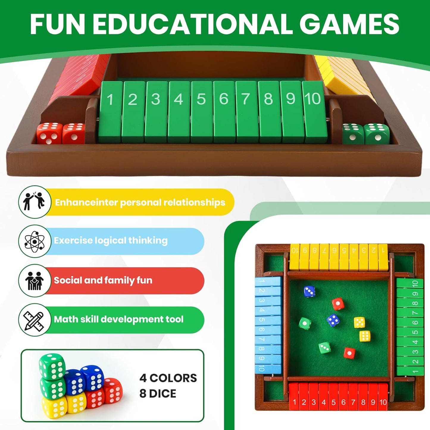 Shut The Box Dice Game for 2-4 Players, Wooden Board Tabletop Math and Strategy Game with 8 Dice and Velvet Storage Bag, Classic Family Board Game for Home, Party or Pub, Brown