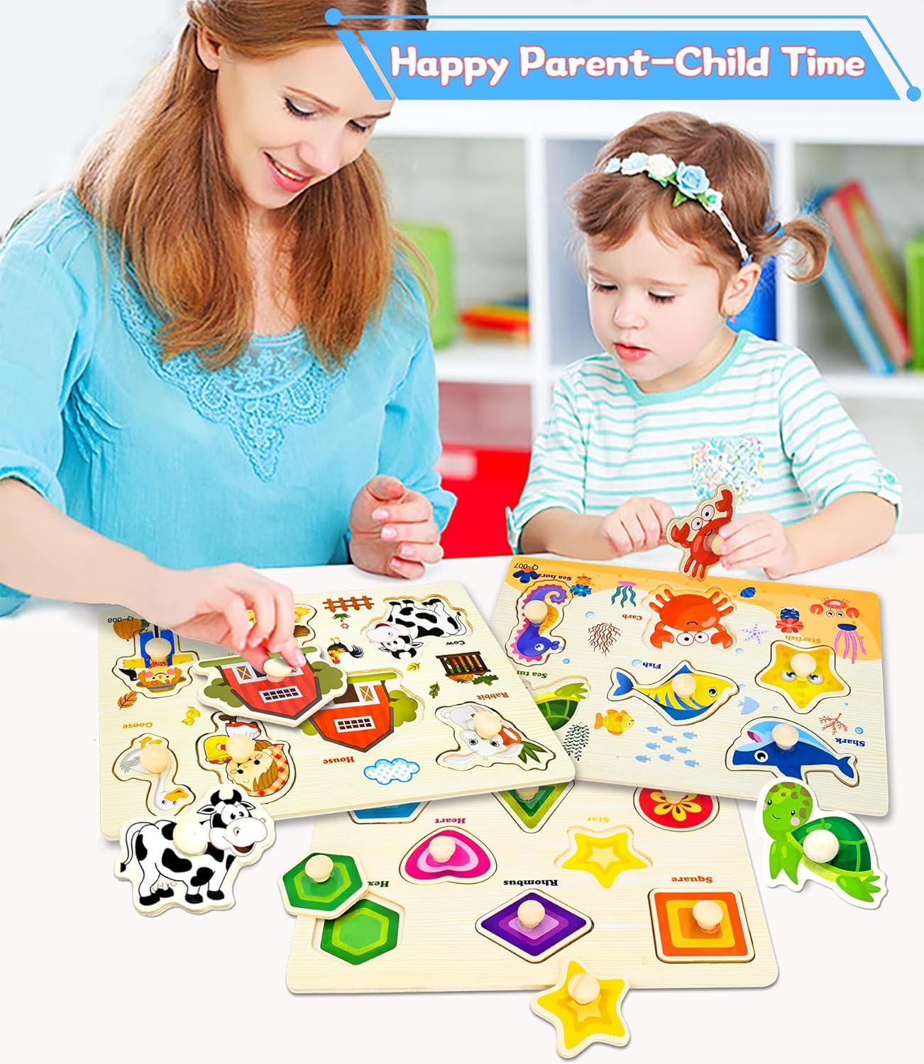 Wooden Peg Puzzles for Toddlers,Montessori Toddler Jigsaw for Child,Fine Motor Skill Learning Puzzle Toys for Baby Boys Girls Gifts-6 Pcs Shape,Farm,Sea Animal,Dinosaurs,Fruits,Animal