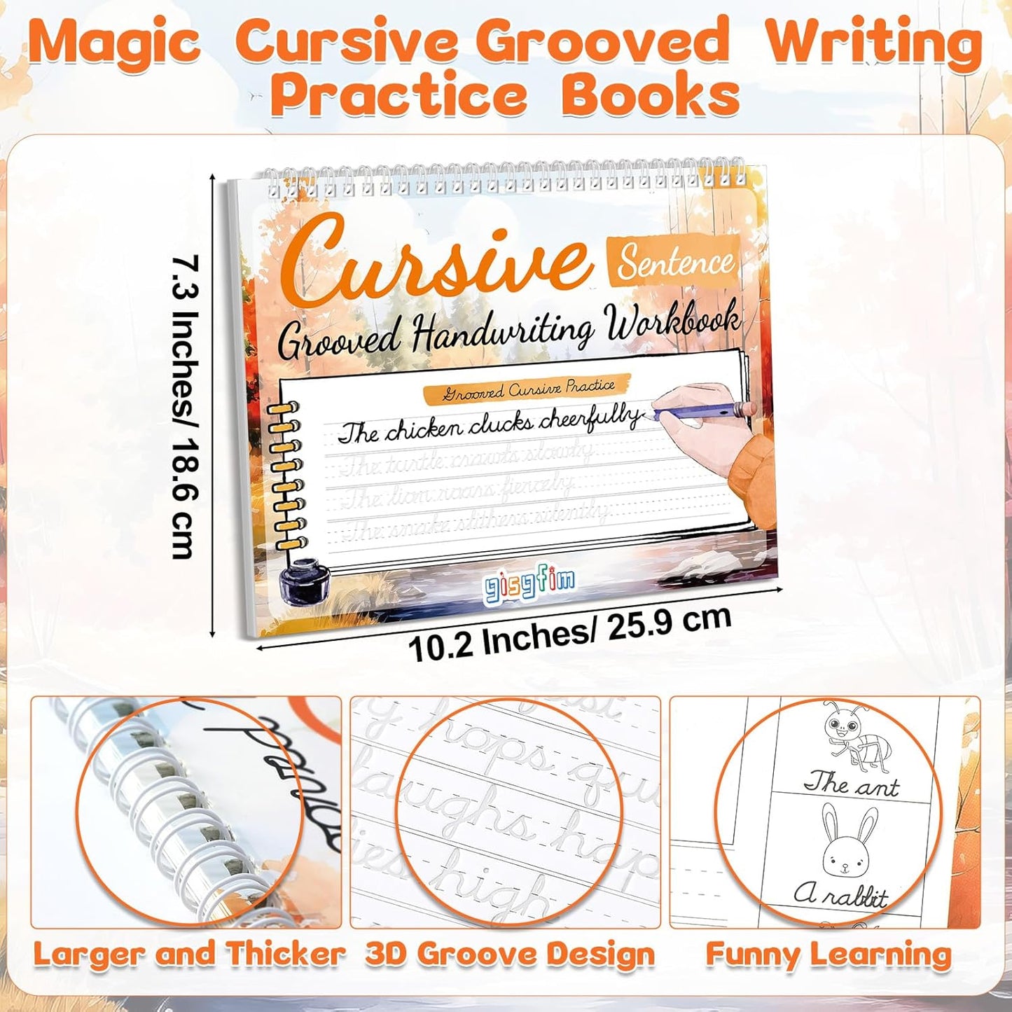 gisgfim Grooved Cursive Handwriting Workbook Magic Reusable Grooved Cursive Handwriting Practice Guided Tracing with Disappearing Ink Pens for Beginners Kids Learning Activities Supplies (Sentence)