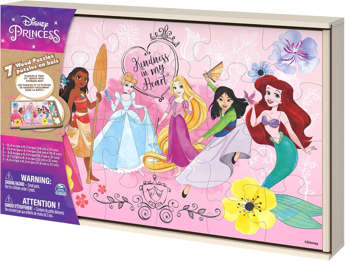 Spin Master Games, Disney Princess Puzzles, 7-Pack, Jigsaw Kids Puzzles, 12, 16, & 24 Pieces, Featuring Ariel, Tiana, Rapunzel, Pocahontas, Storage Tray, for Ages 4 & Up