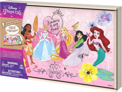Spin Master Games, Disney Princess Puzzles, 7-Pack, Jigsaw Kids Puzzles, 12, 16, & 24 Pieces, Featuring Ariel, Tiana, Rapunzel, Pocahontas, Storage Tray, for Ages 4 & Up