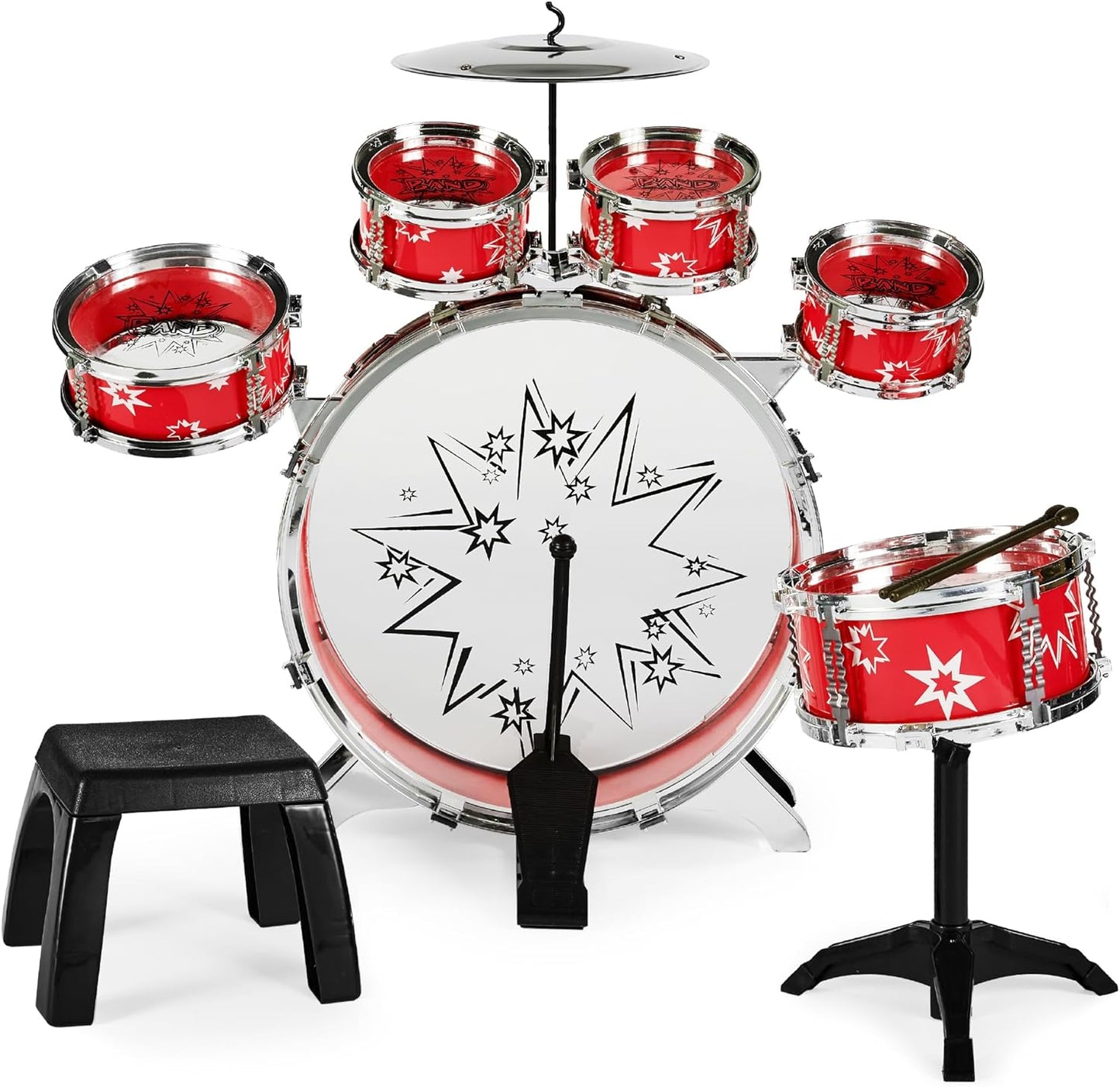 Best Choice Products 11-Piece Kids Beginner Drum Kit, Musical Instrument Toy Drum Set for Music Practice w/Bass, Toms, Snare, Cymbal, Stool, Stand Drumsticks - Black