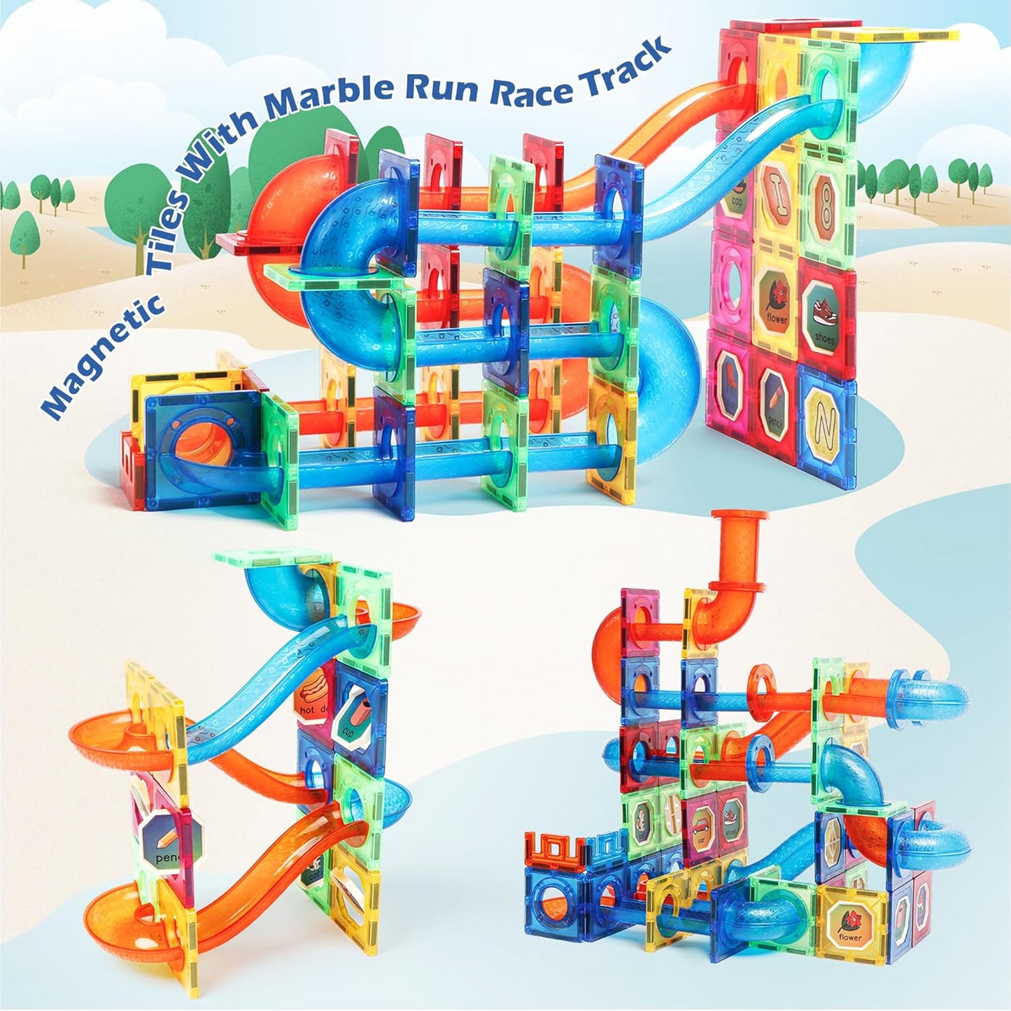 MAGBLOCK 85Pcs Marble Run Magnetic Tiles Toy Building Blocks STEM Educational Child Brain Development Kit Magnet Construction Toys for Boys Girls Kids Age 5 6 7+ Years Old