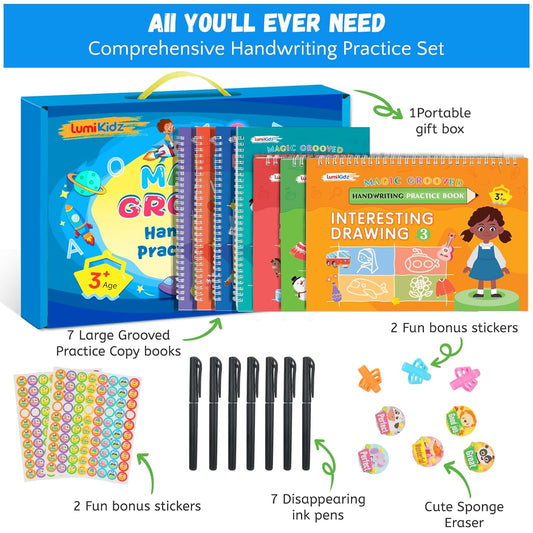 Magic Grooved Writing Practice for Ages 3-8, Grooved Handwriting Practice for Kids, Reusable Handwriting Book, Preschool Learning Activitys for Tracing Letters & Numbers, Gifts for 3 Year Old Boy