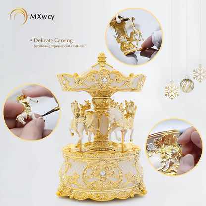 Carousel Music Box Gold & Ivory Christmas Snow Globes, 8.3" Rotate Carousel Snow Globe for Kids & Adults, Classic Wind up Musical Snow Globe Birthday Gifts for Women Girls, Carousel Horse Home Decor