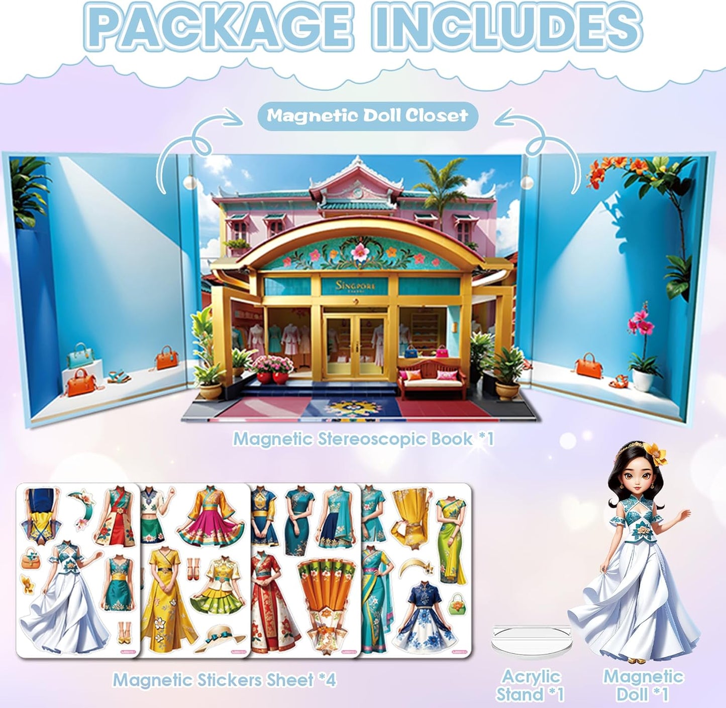 Magnetic Dress Up Dolls for Girls - Princess Magnet Paper Dolls Book with 3D City Buildings - Travel Car Trip Quiet Book Game Toys Easter Birthday Gifts for Kids Toddlers Ages 3 4 5 6 7(Style C)