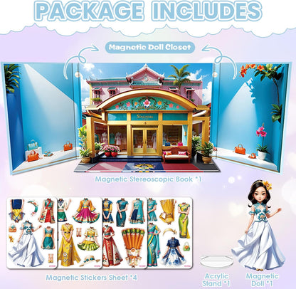 Magnetic Dress Up Dolls for Girls - Princess Magnet Paper Dolls Book with 3D City Buildings - Travel Car Trip Quiet Book Game Toys Easter Birthday Gifts for Kids Toddlers Ages 3 4 5 6 7(Style C)