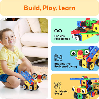 PicassoTiles 152pc STEM Construction Toy Building Set for Kids Ages 3+ Includes Power Drill, Ratchet, Idea Book, Storage Box Educational Engineering Science Kit & Sensory Toys for Boys & Girls PTN152