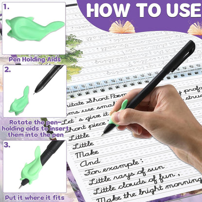 gisgfim Grooved Cursive Handwriting Workbook Magic Reusable Grooved Cursive Handwriting Practice Guided Tracing with Disappearing Ink Pens for Beginners Kids Learning Activities Supplies (Sentence)