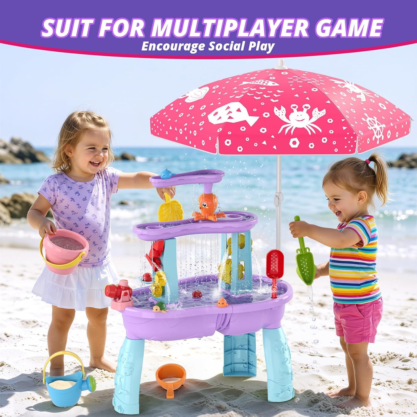 Wee Wonders 3-Tier Water Table for Toddlers, Kids Sand Water Table with Adjustable Umbrella, Sand Toys & Fishing Game, Sensory Table Activity Playset for Outdoor Beach, Summer Toys for Girls Boys 3-5