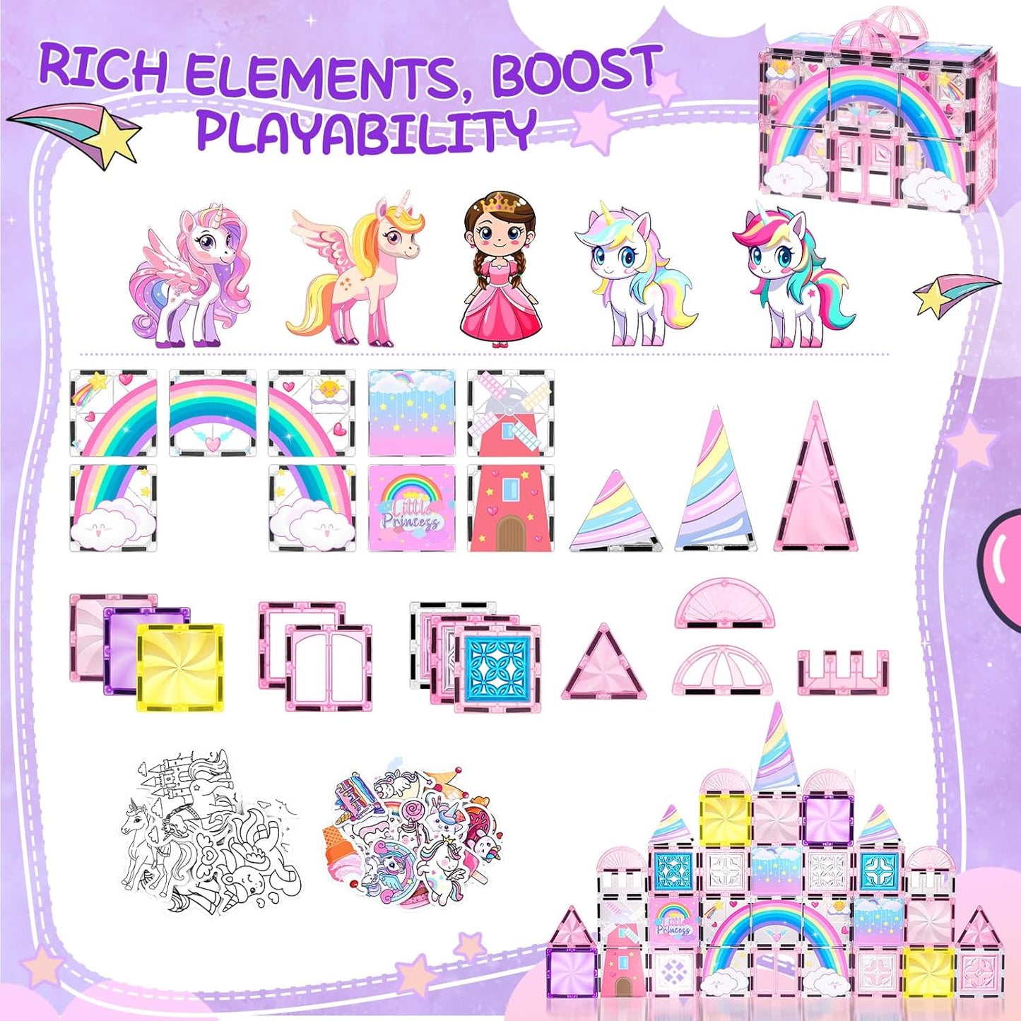 Diamond Magnetic Tiles Unicorns Princess Castle with Magnetic Art Decor Kit, Unicorn Toys for Girl 3 4-6-8, Magnet Tiles for kids 4-8 5 6 7+ Girl Gifts,Magnet Toys Include 5 Dolls,Rainbow,Candy,Decors