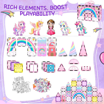 Diamond Magnetic Tiles Unicorns Princess Castle with Magnetic Art Decor Kit, Unicorn Toys for Girl 3 4-6-8, Magnet Tiles for kids 4-8 5 6 7+ Girl Gifts,Magnet Toys Include 5 Dolls,Rainbow,Candy,Decors