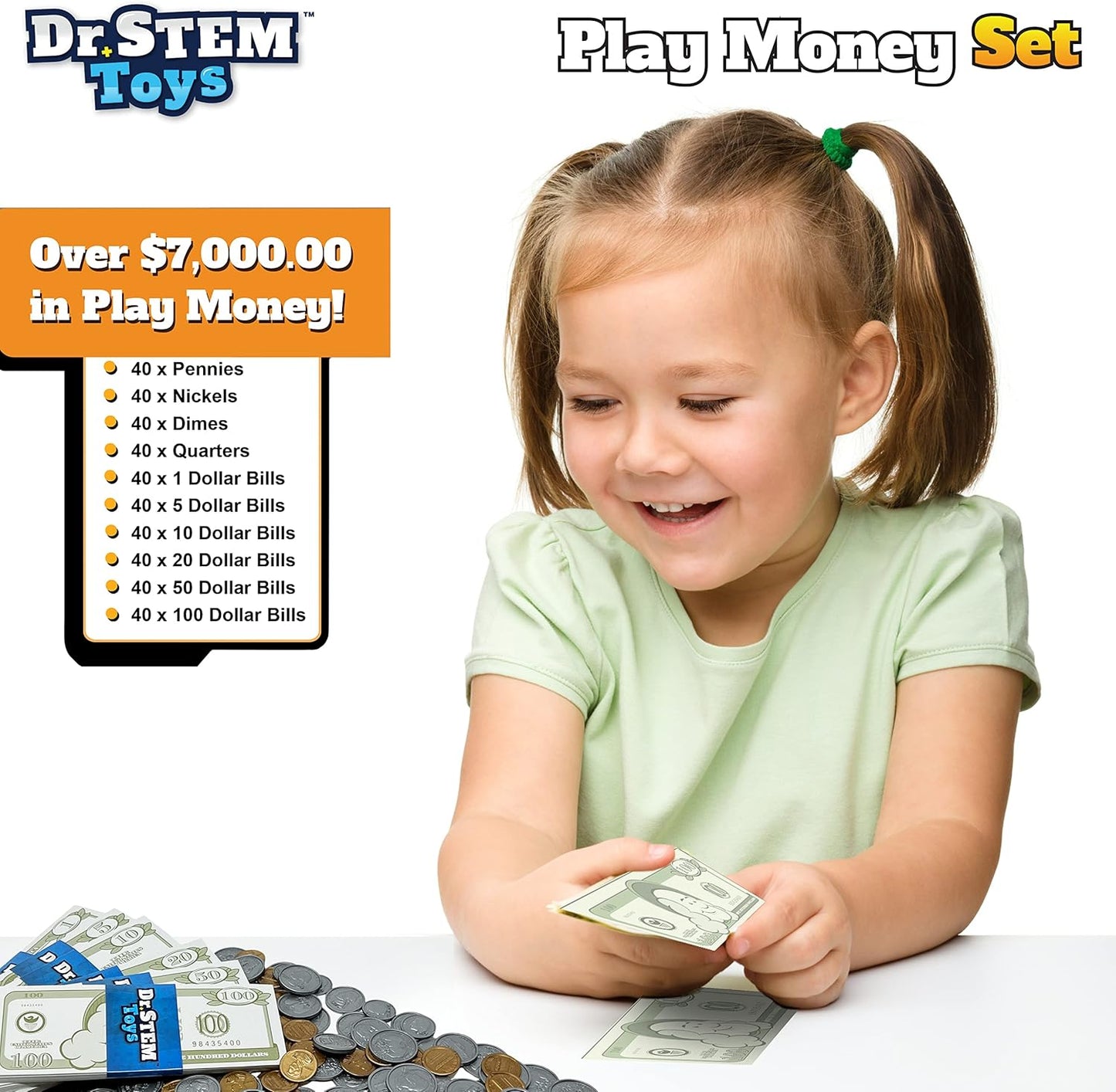 Dr. STEM Toys Play Money for Kids: Durable Boxed Set Provides 400 Pieces of Realistic Fake Money Bills & Fake Coins for Pretend Play, Helps Kids Learn Financial Responsibility & More