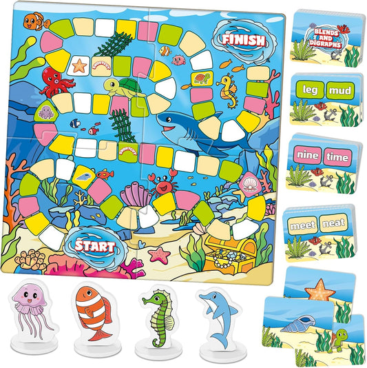 Broytain Word Ocean Phonics Board Game for Kids, Educational Learning Board Game for Boys and Girls, Reading and Spelling Game Ages 4-6, Classroom Travel Indoor Outdoor Family Game