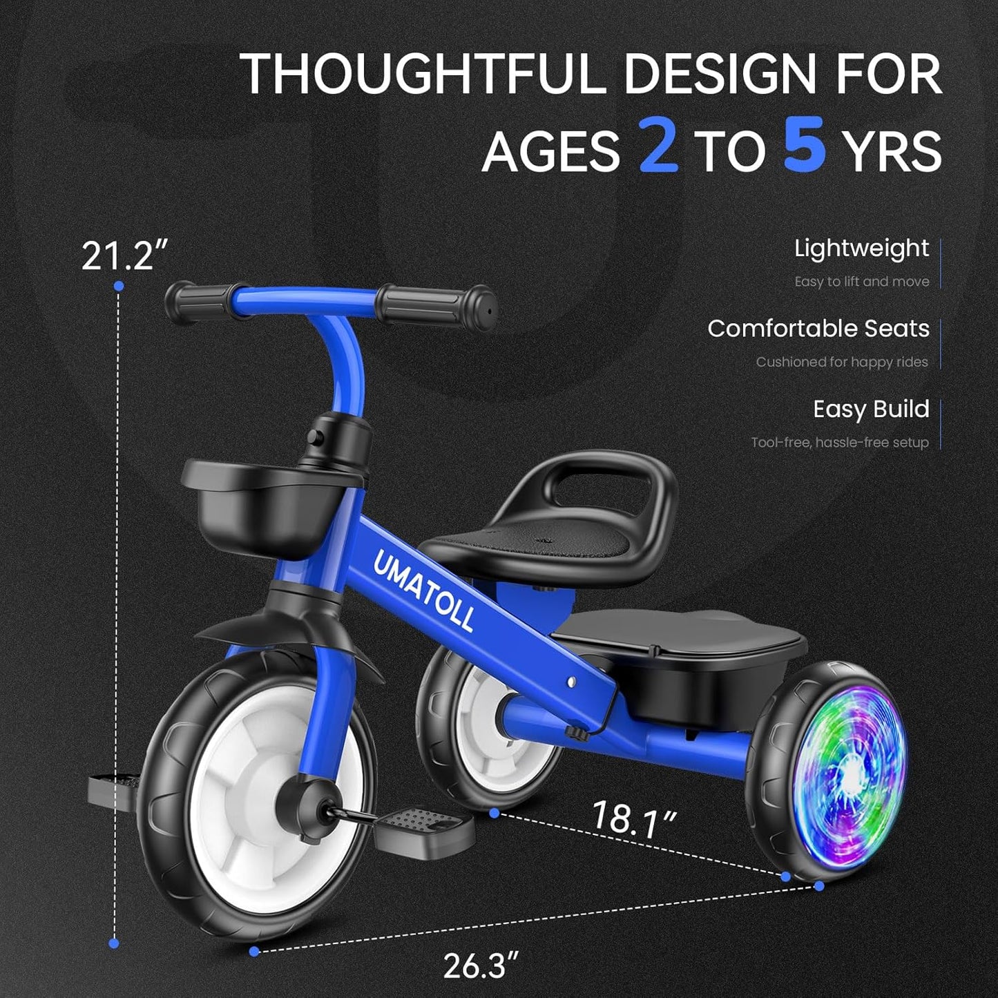 Umatoll Tricycle for Toddlers 2-5 Year Old, Ajustable Toddler Bike Outdoor Toys, Birthday Gift for Girl Age 2-4, Trike with Light up Wheels