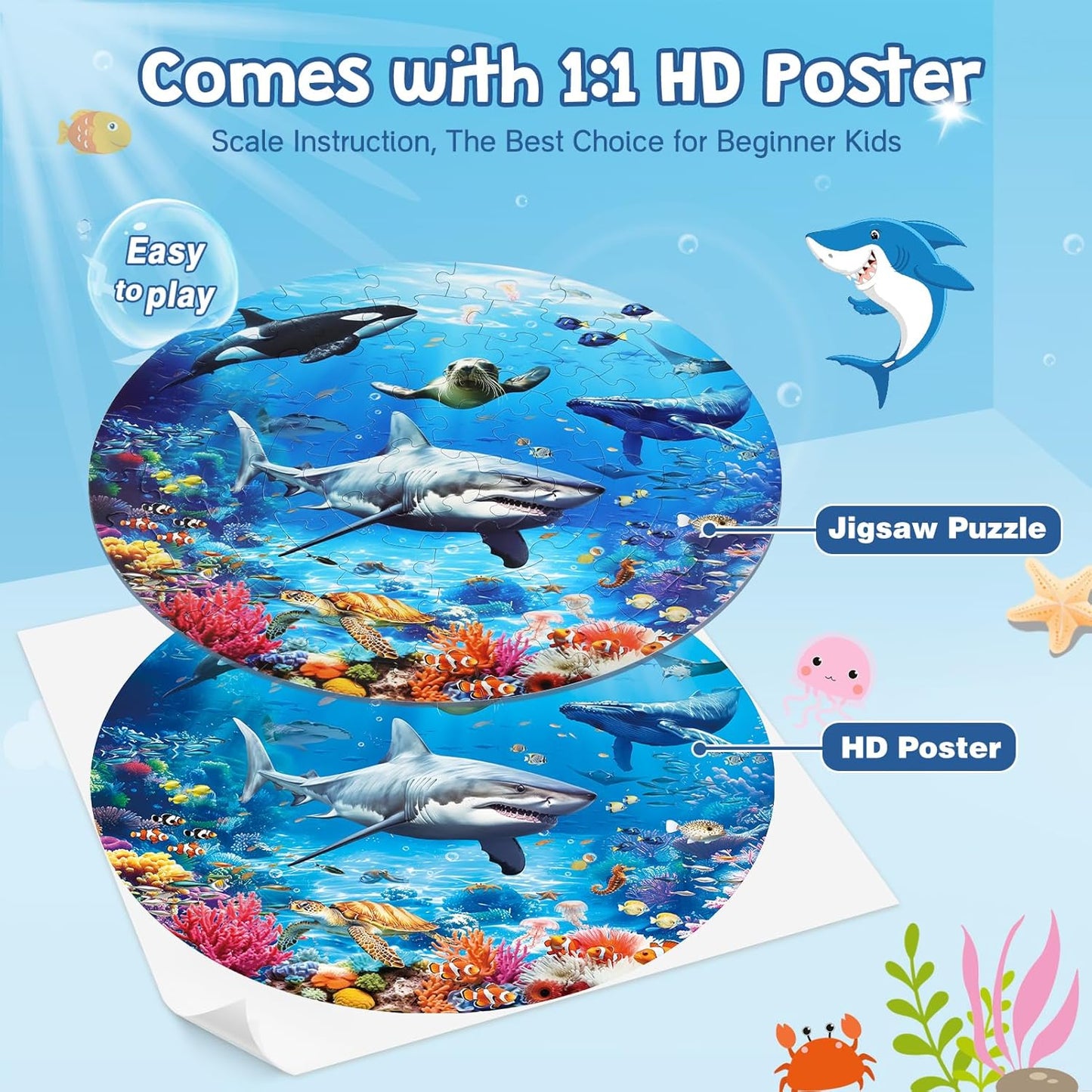 DIGOBAY Underwater Ocean Floor Puzzle for Kids Ages 4-6, Shark Toys for Boys Girls, 70 Pieces Large Jigsaw Shark Puzzles for Kids Ages 3-8, Educational Ocean Animals Toys for Birthday Christmas