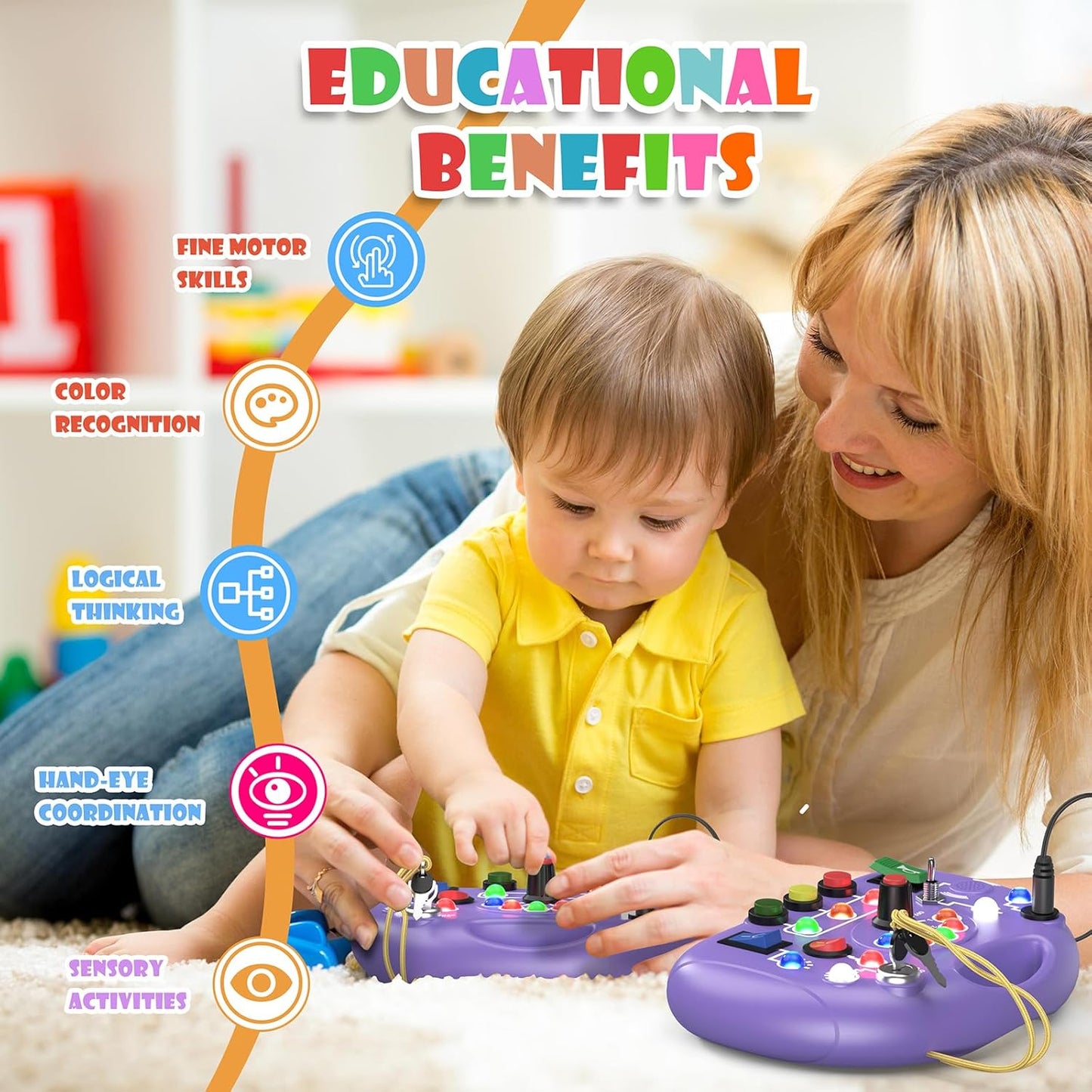 Montessori Busy Board with LED Light for Toddlers 2-4 Year Old, Sensory Toys with Sounds & Switches, Car Driving Travel Toys for Kids, Preschool Busy Book Boy and Girls Birthday Gifts (Pink)