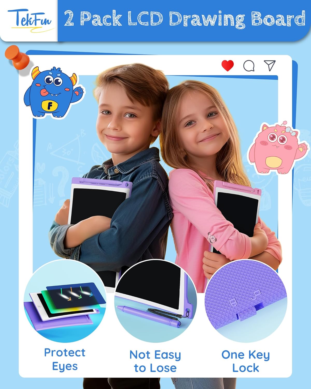 TEKFUN Kids Toys, 2Pcs LCD Writing Tablet with 4 Stylus, 8.5in Erasable Doodle Board Mess Free Drawing Pad for Kids, Car Trip Educational Toys Birthday for 3 4 5 6 7 Girls Boys
